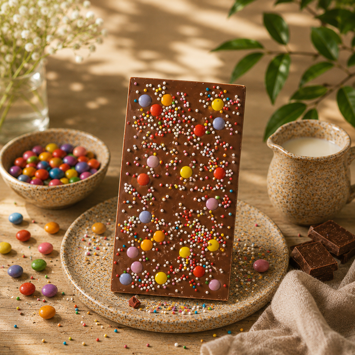 Festlig mjölkchoklad med färgglatt godis i varm lifestylemiljö