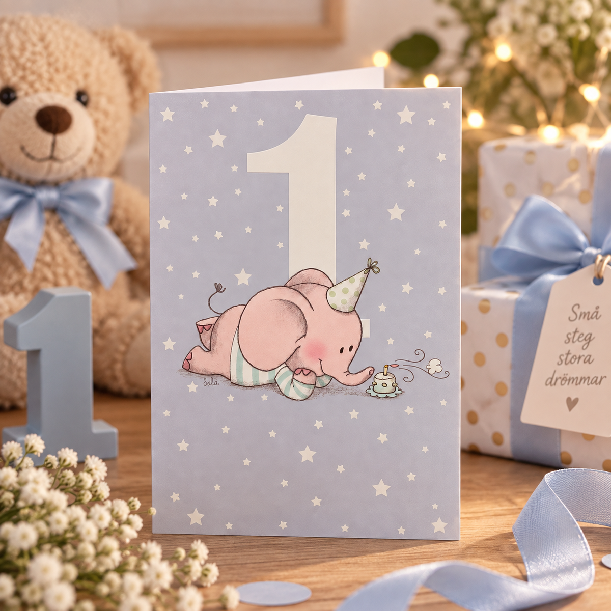 Gratulationskort 1 år med elefant – lifestylebild
