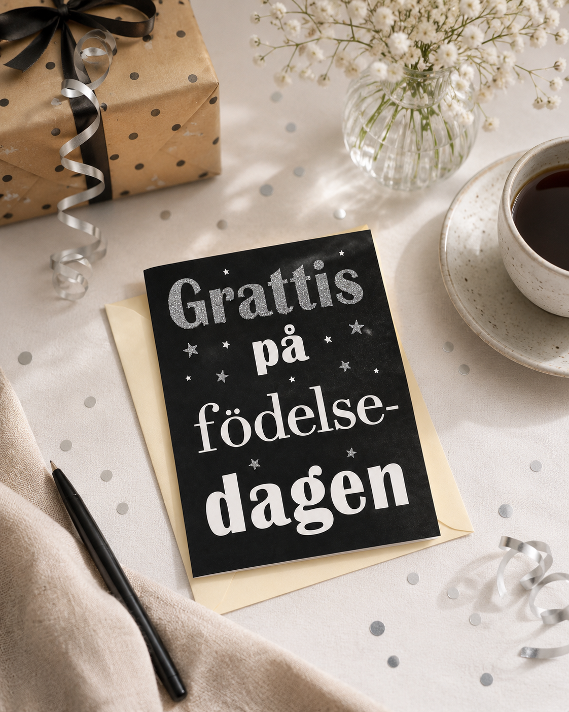 Svart gratulationskort med texten Grattis på födelsedagen i festlig lifestylemiljö