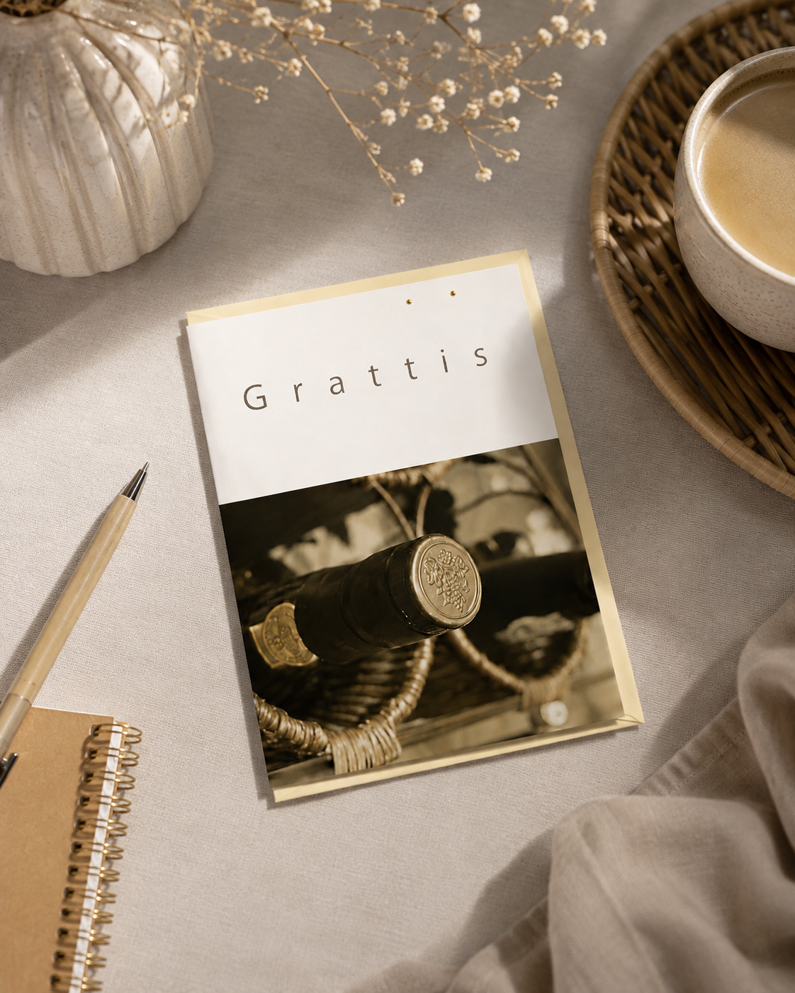 Gratulationskort med texten Grattis och vinflaska i lifestylemiljö