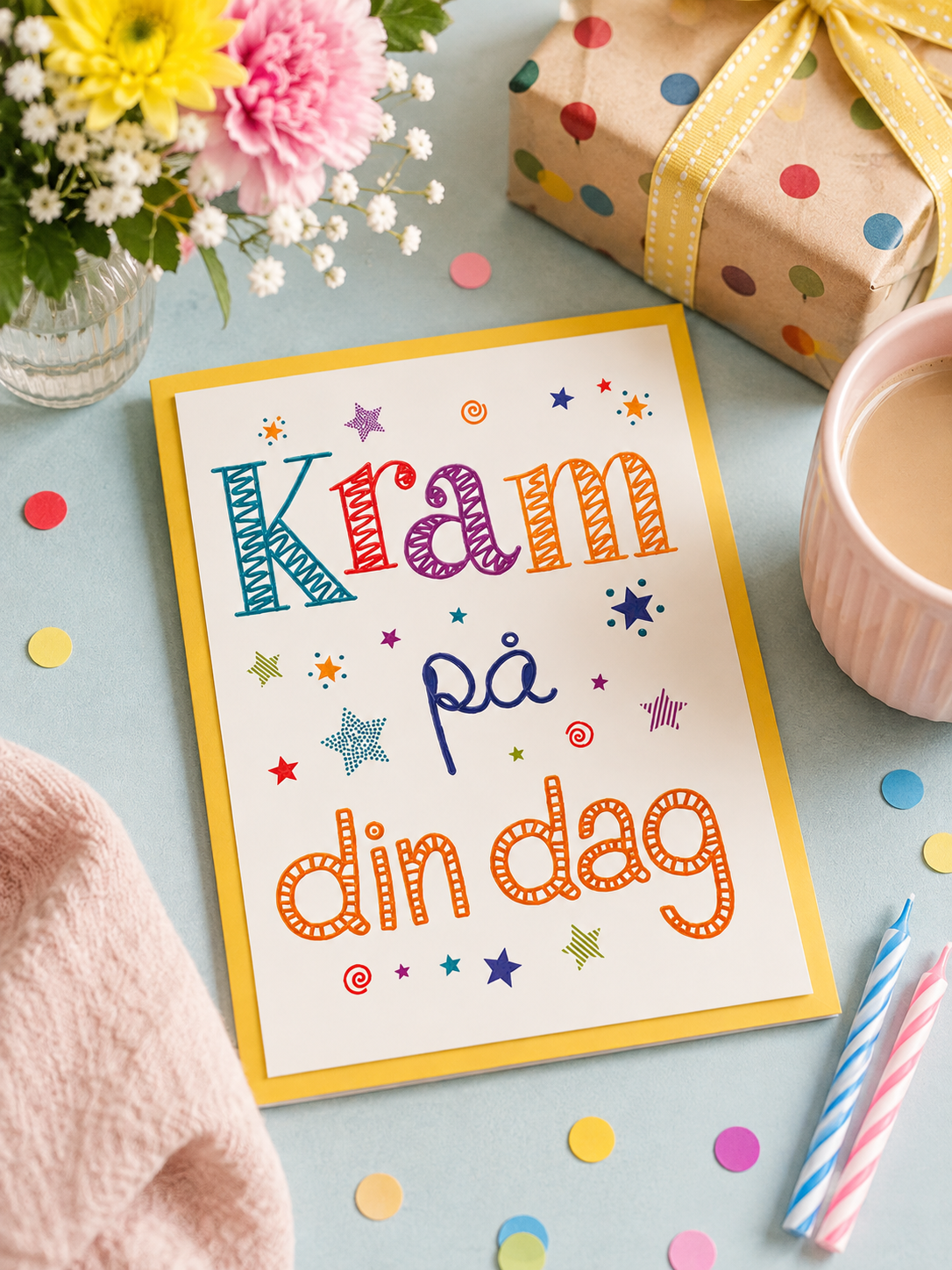 Gratulationskort med texten Kram på din dag i färgglad lifestylemiljö