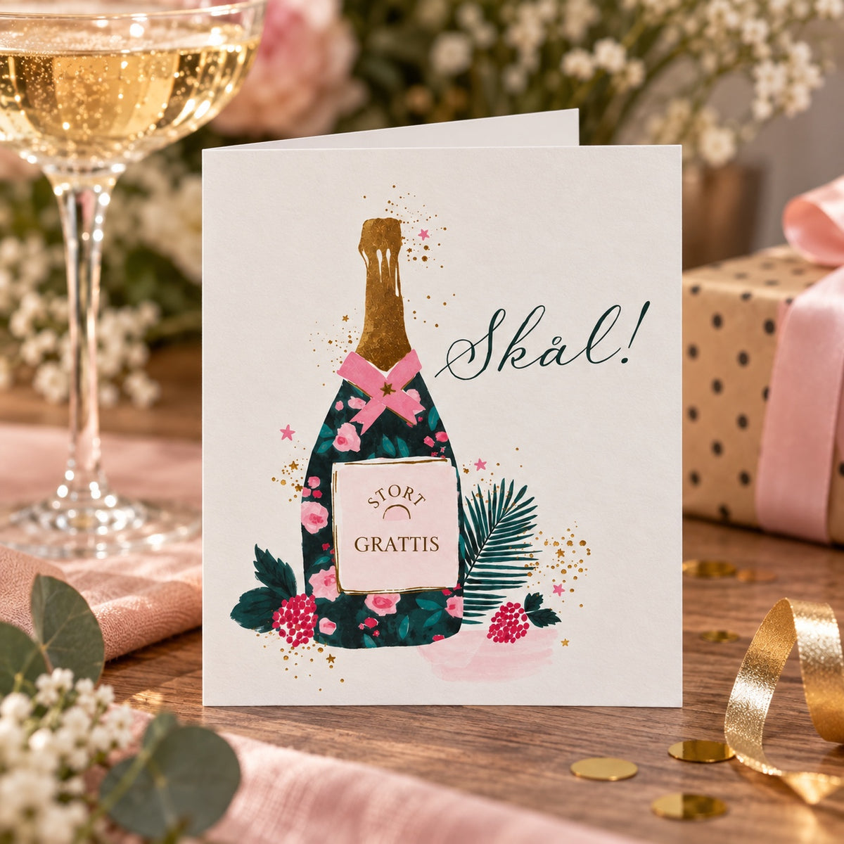 Gratulationskort med champagneflaska, texten Skål och Stort grattis – lifestylebild