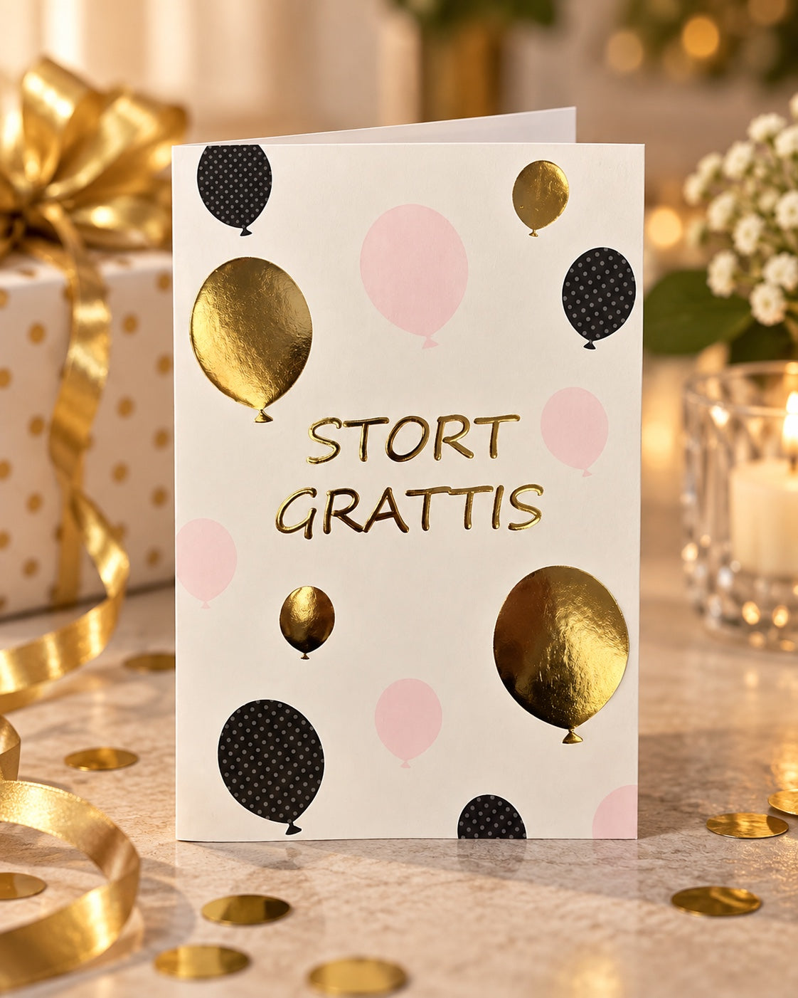 Lifestylebild av gratulationskort Stort grattis i festlig miljö