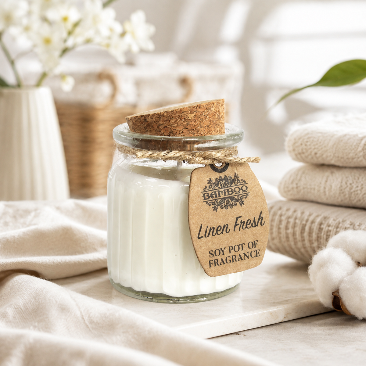 Linen Fresh doftljus i ljus lifestylemiljö med linne och bomull