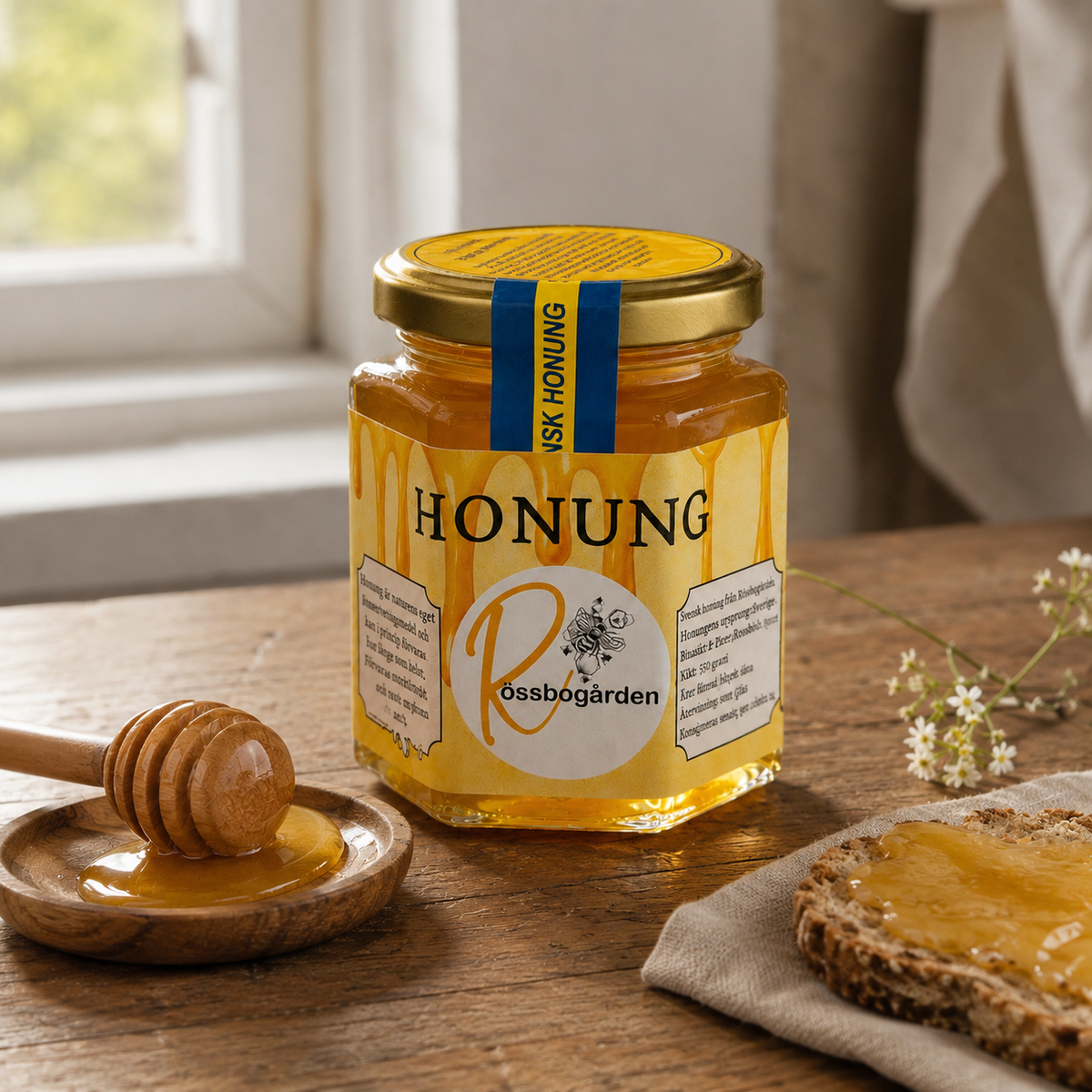 Lifestylebild på svensk honung från Rössbogården