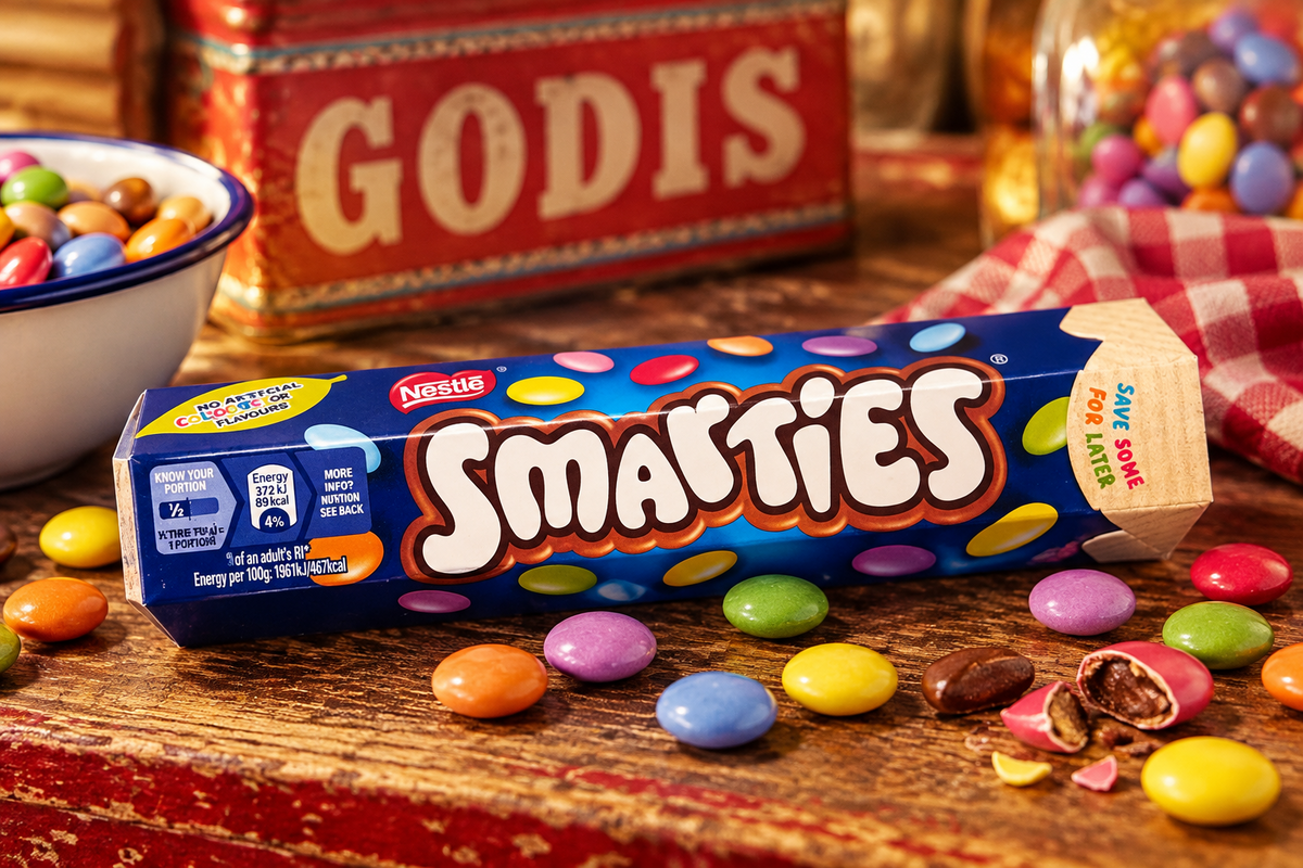Smarties chokladgodis i nostalgisk retro godisbutik