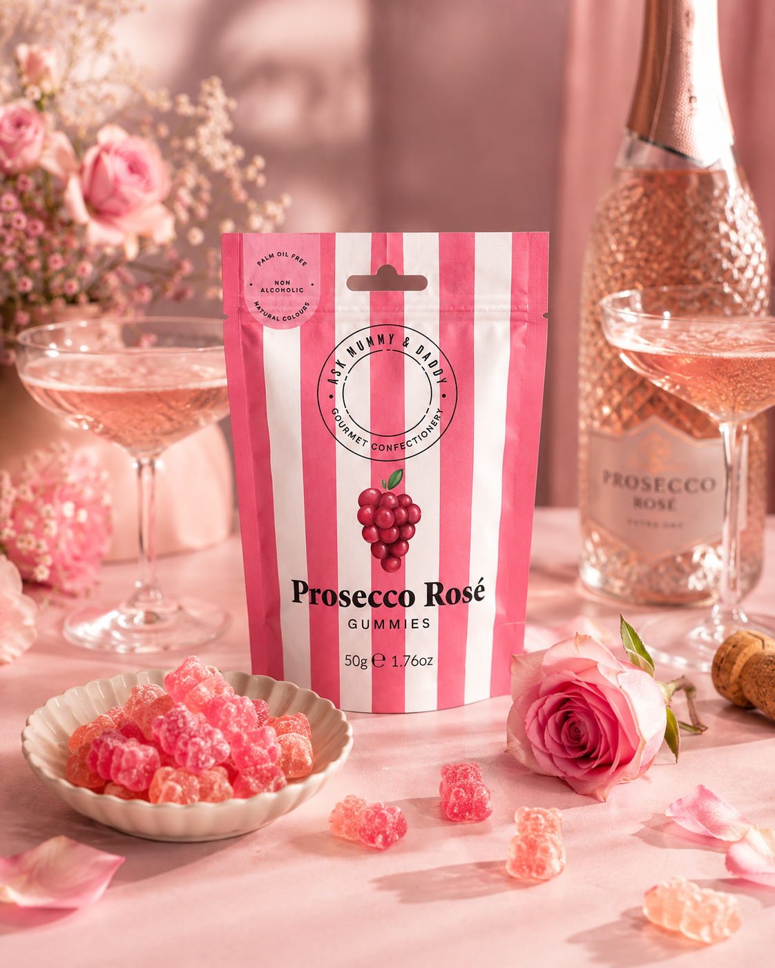Ask Mummy & Daddy Prosecco Rosé Gummies 50 g i rosa festmiljö