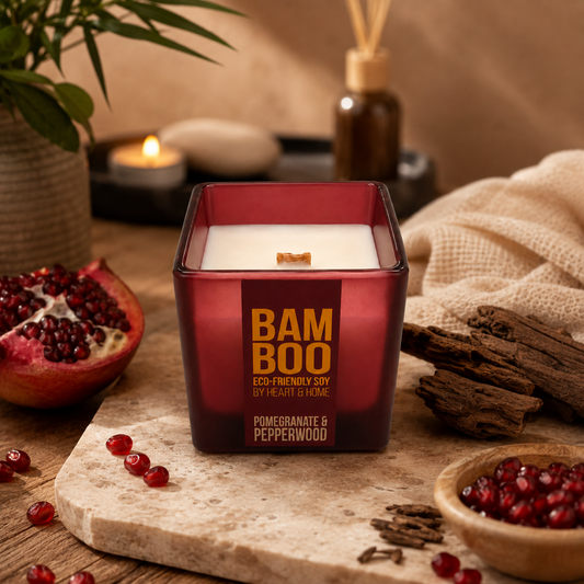 Bamboo Pomegranate & Pepperwood doftljus i varm lifestylemiljö