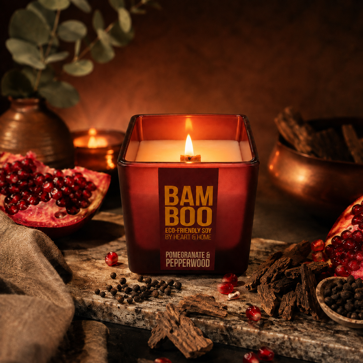 Bamboo Pomegranate & Pepperwood doftljus tänt