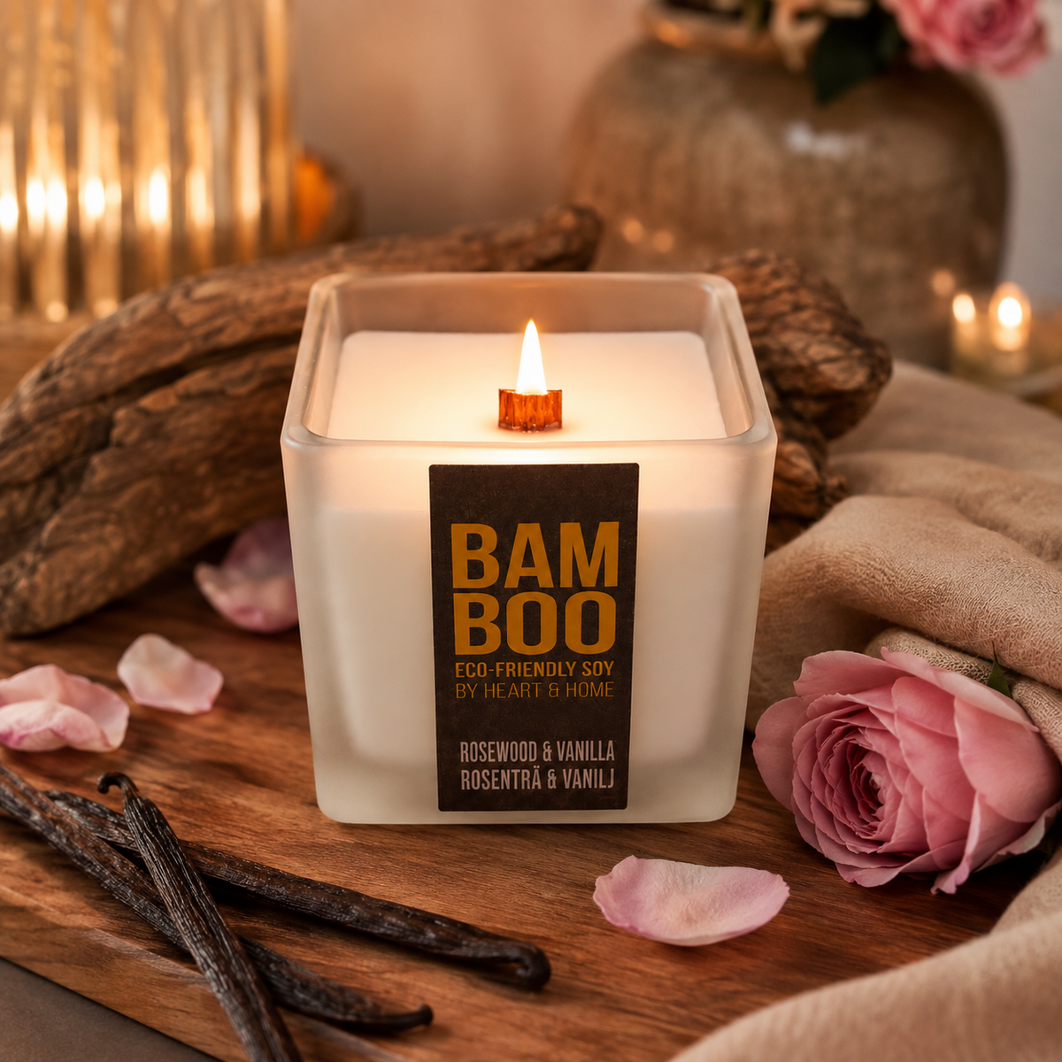 Bamboo Rosewood & Vanilla doftljus tänt