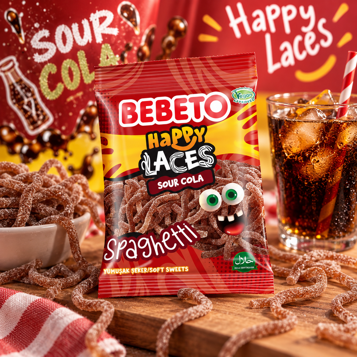 Bebeto Happy Laces Sour Cola lifestylebild med cola och sura godissnören