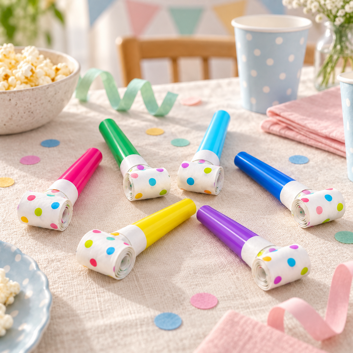 Sex färgglada blåsormar Party Dots på kalasbord