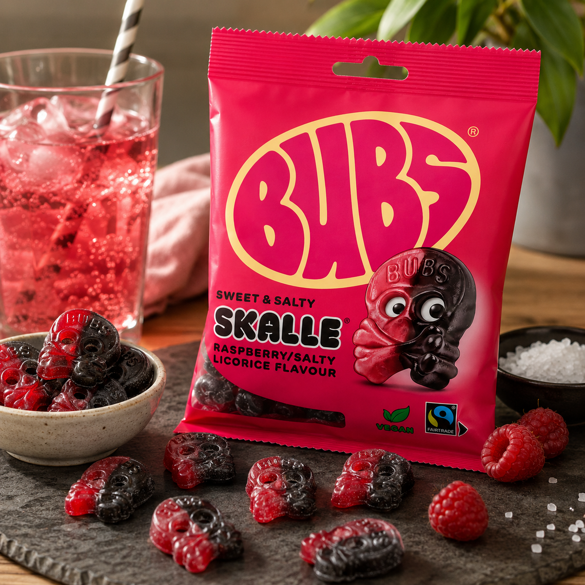 BUBS Raspberry Salty Licorice Skalle 155g – lifestylebild