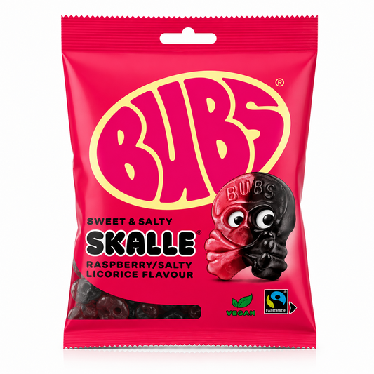 BUBS Raspberry Salty Licorice Skalle 155g – produktbild