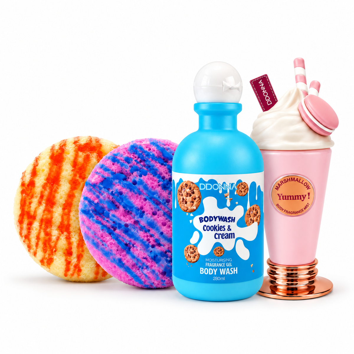 Bygg din egen Spa Box med färgglada badsvampar, Cookies & Cream bodywash och Marshmallow body mist