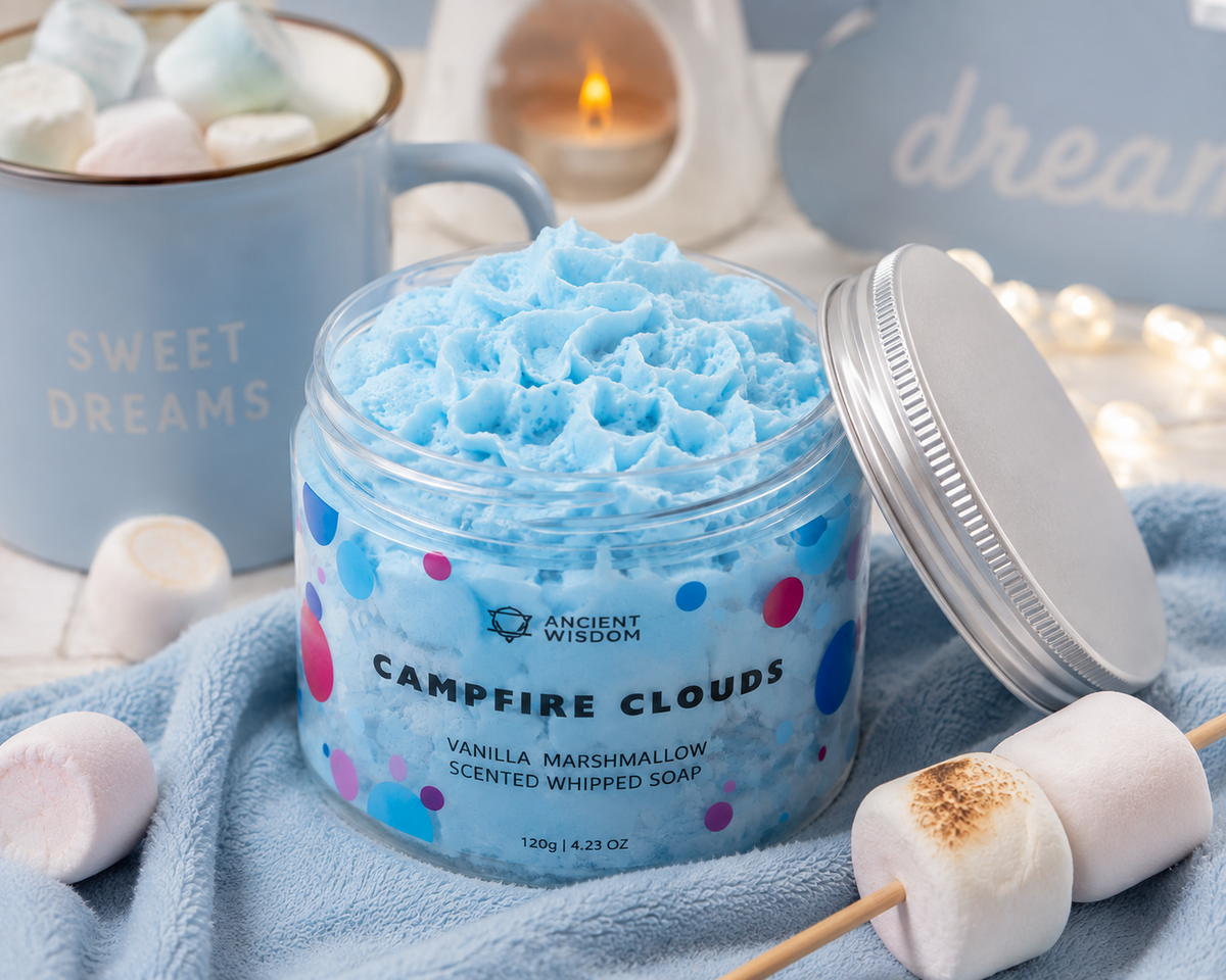Campfire Clouds Vanilla Marshmallow Whipped Soap i badrumsmiljö