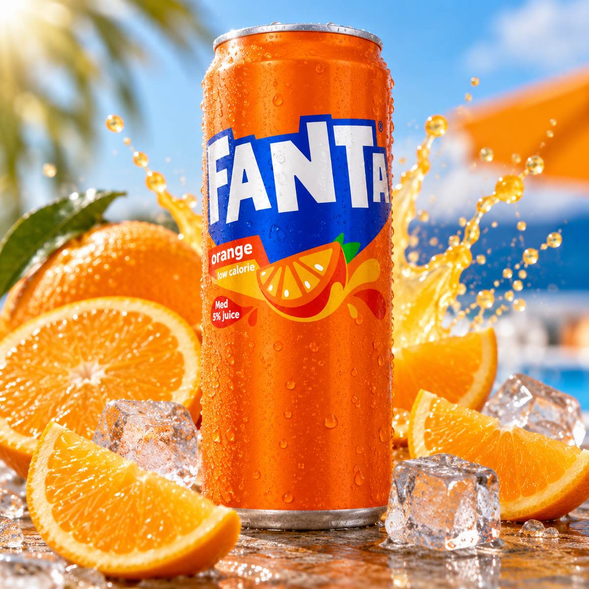 Fanta Orange 33 cl serverad kall med apelsin och is