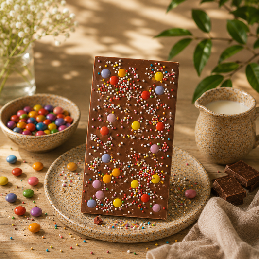 Festlig mjölkchoklad med färgglatt godis i varm lifestylemiljö
