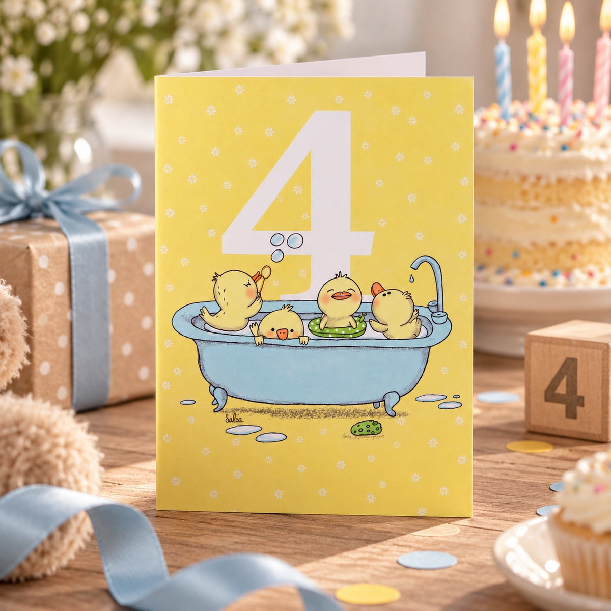 Födelsedagskort 4 år med ankungar – lifestylebild