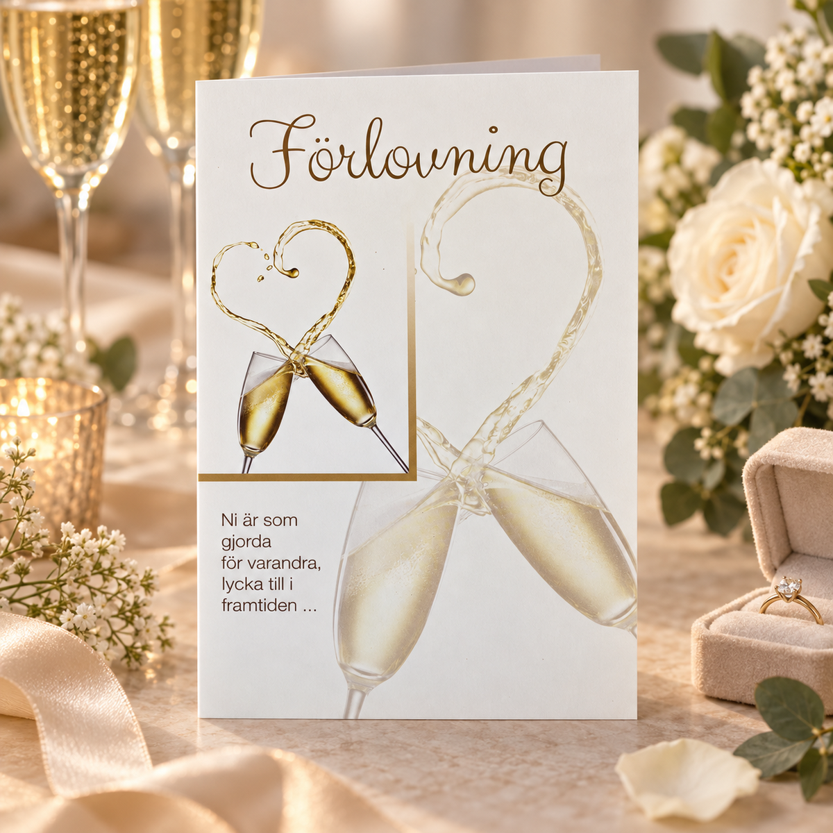 Förlovningskort i romantisk miljö med champagne och ring