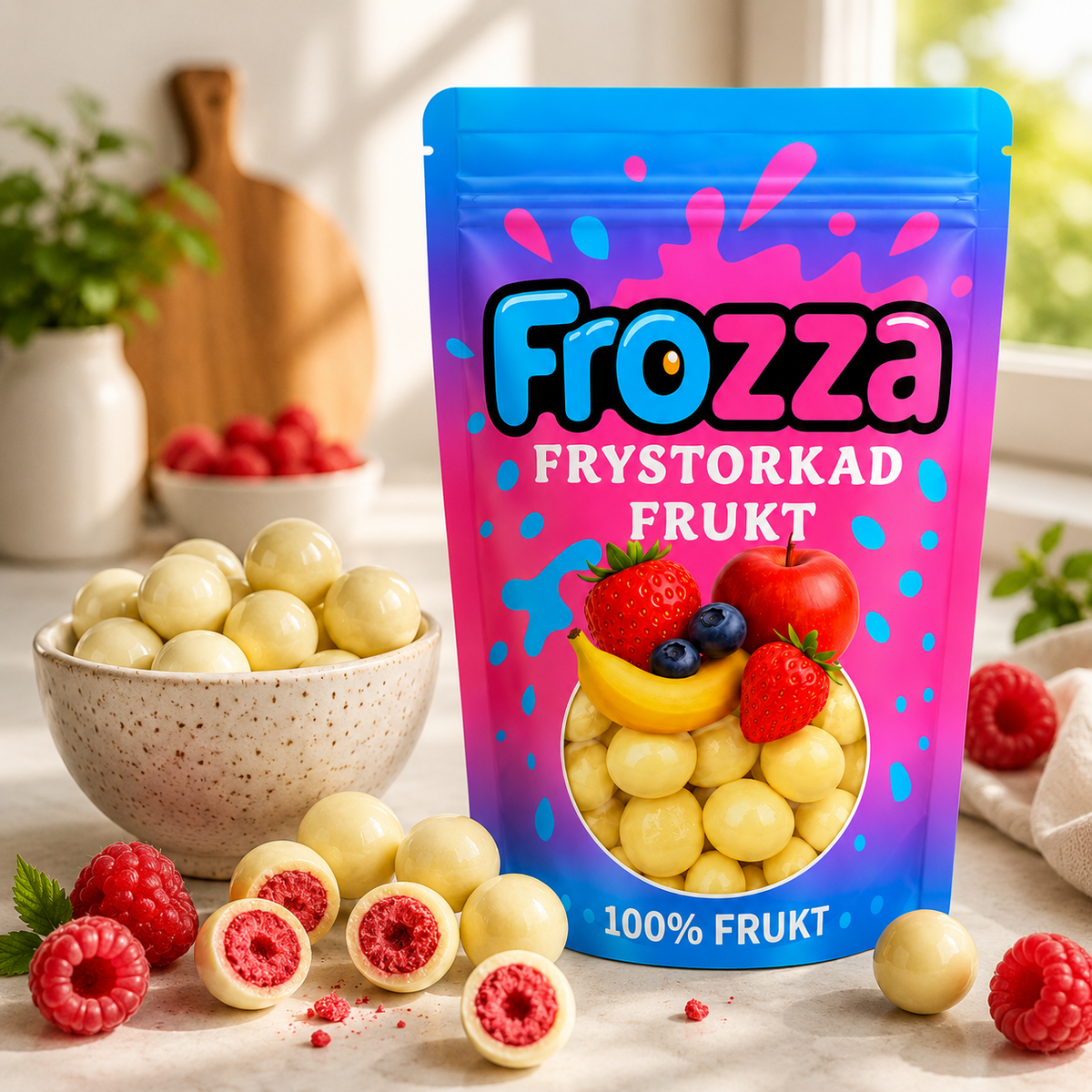 Frozza frystorkade hallon i vit choklad – lifestylebild