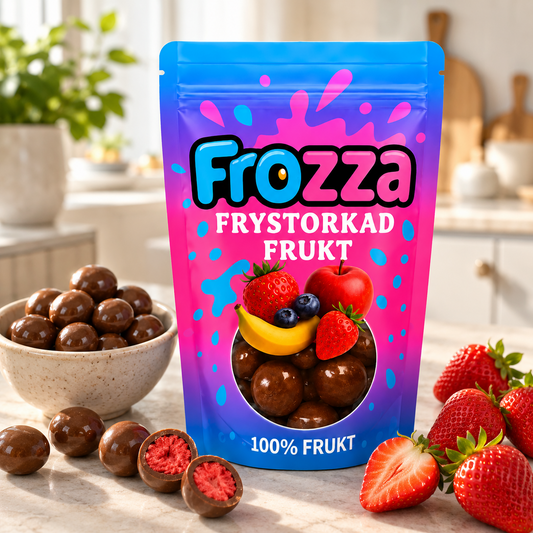 Frozza frystorkade jordgubbar i mjölkchoklad – lifestylebild