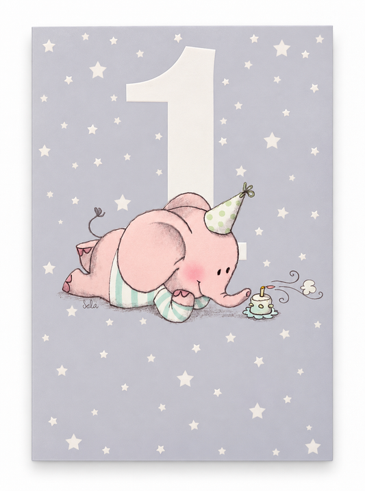 Gratulationskort 1 år med elefant – produktbild
