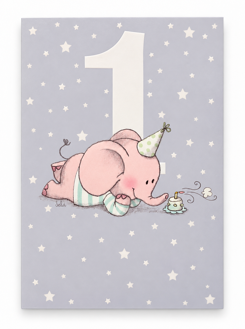 Gratulationskort 1 år med elefant – produktbild