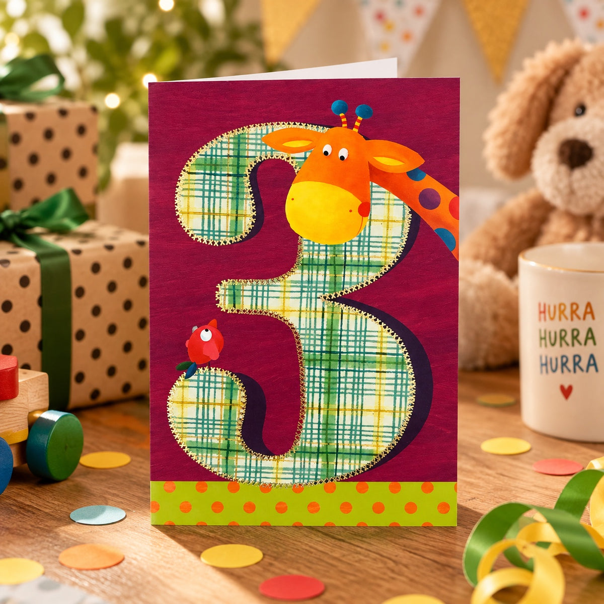 Gratulationskort 3 år med giraff – lifestylebild