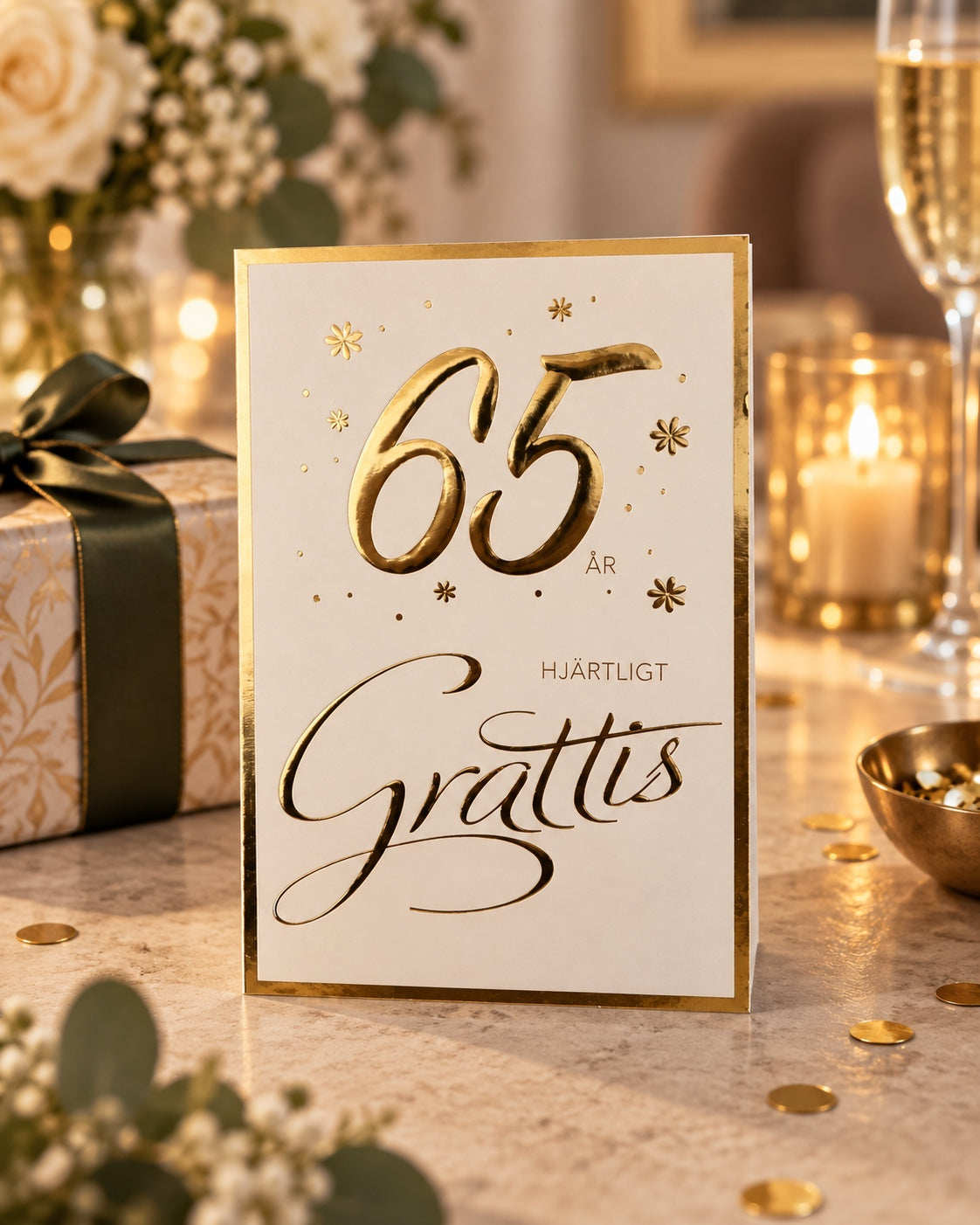 Gratulationskort 65 år i festlig miljö