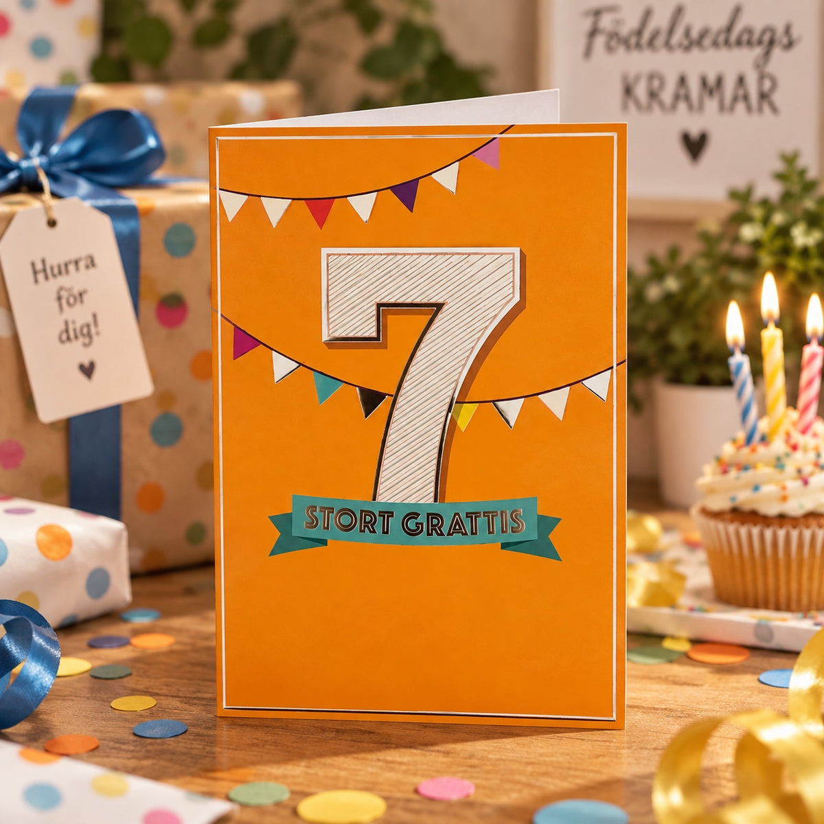Gratulationskort 7 år Stort Grattis – lifestylebild