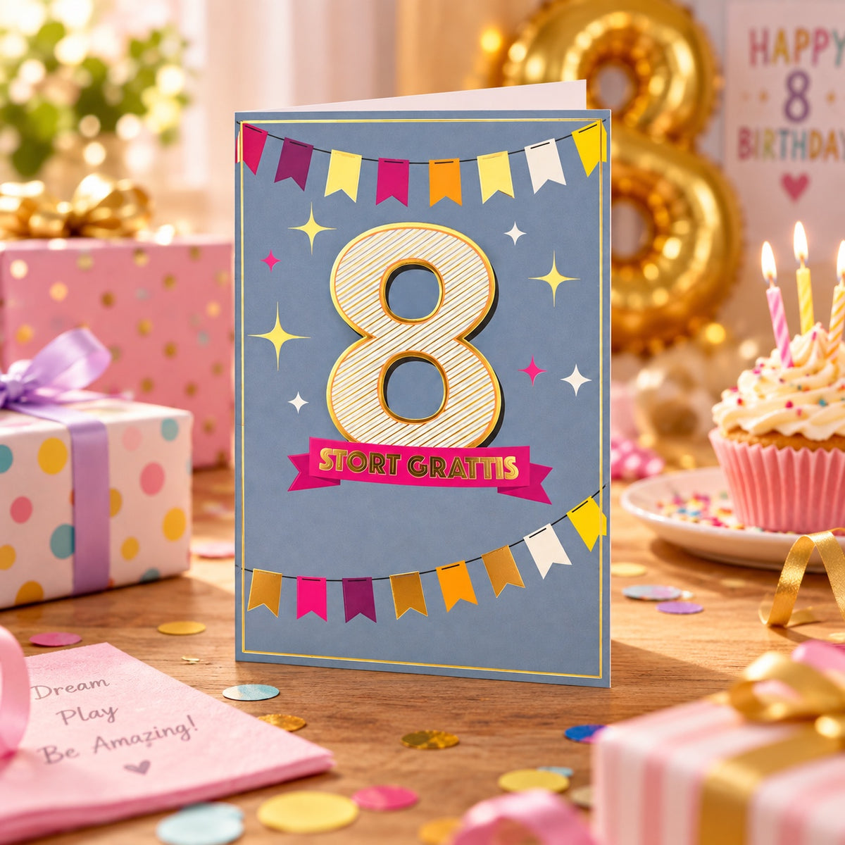 Gratulationskort 8 år Stort Grattis – lifestylebild