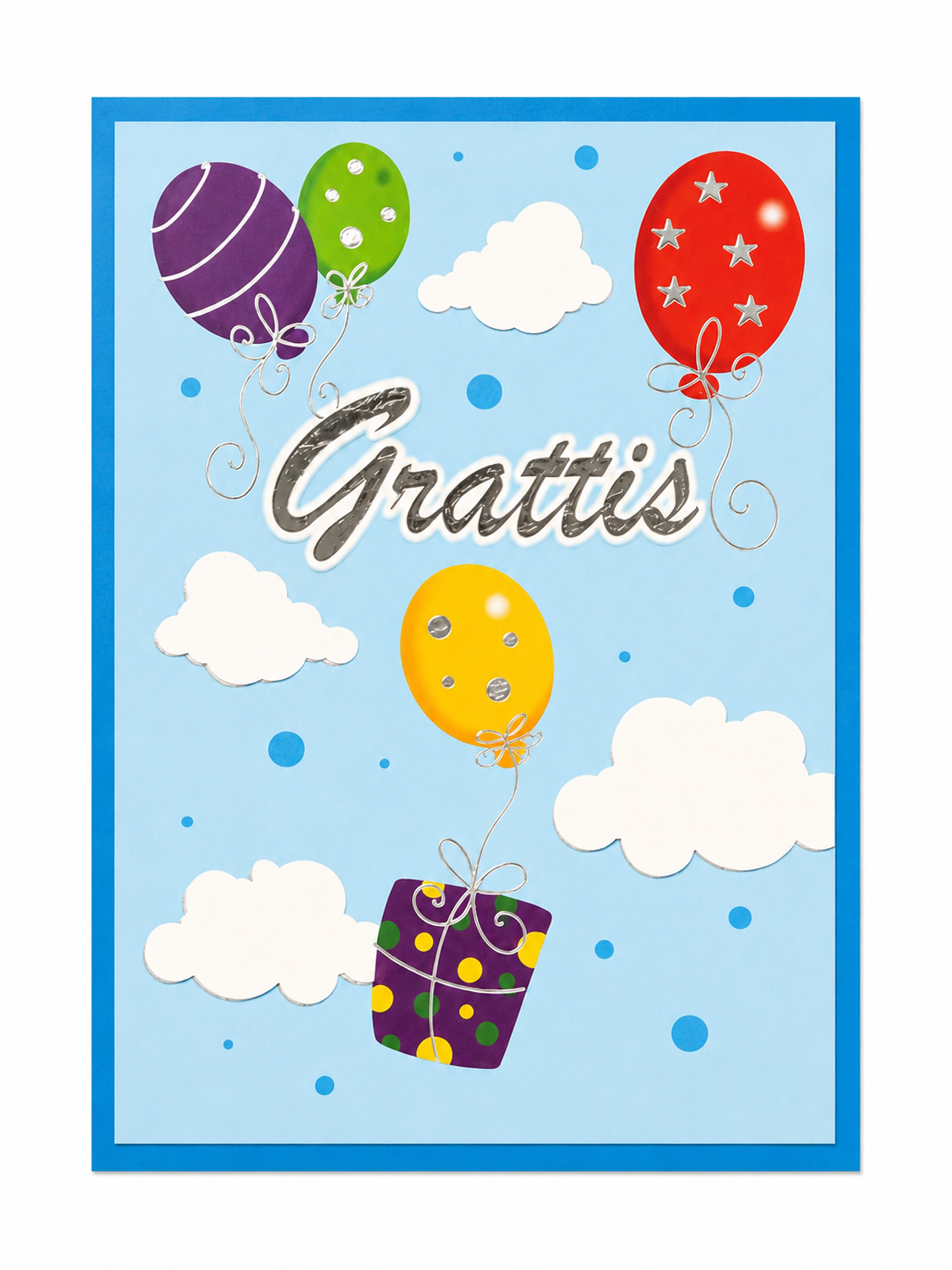Blått gratulationskort med ballonger och texten Grattis