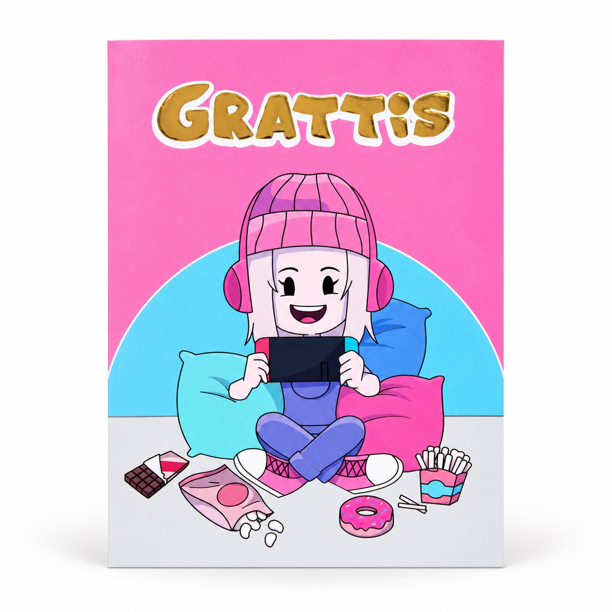 Gratulationskort Grattis med gamer-motiv i rosa, blått och guld