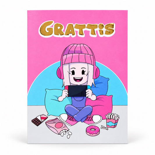 Gratulationskort Grattis med gamer-motiv i rosa, blått och guld