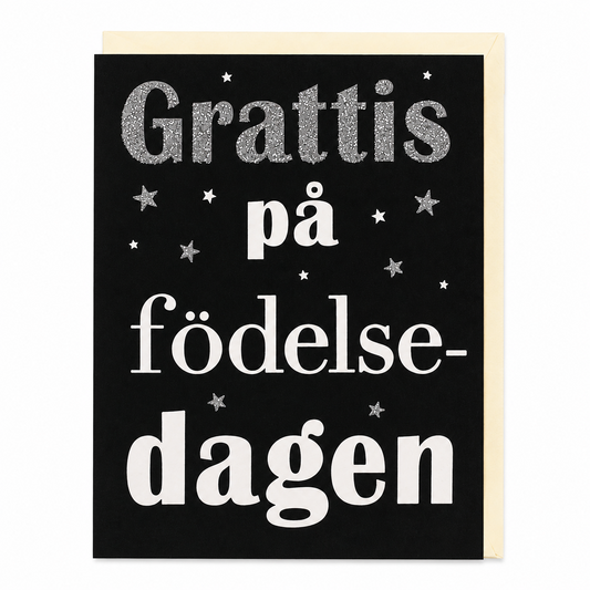 Svart gratulationskort med silvertexten Grattis på födelsedagen