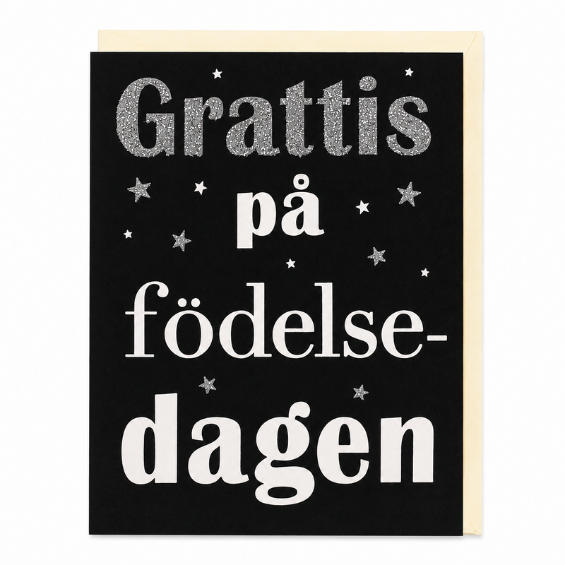 Svart gratulationskort med silvertexten Grattis på födelsedagen