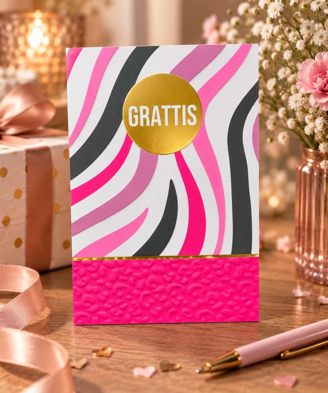 Gratulationskort Grattis rosa zebra – lifestylebild