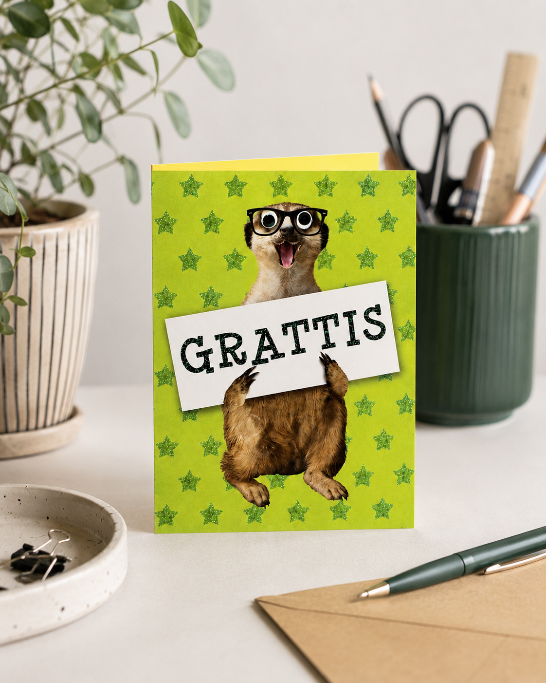 Gratulationskort med surikat i lifestylemiljö