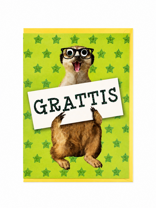 Gratulationskort med glad surikat och texten Grattis