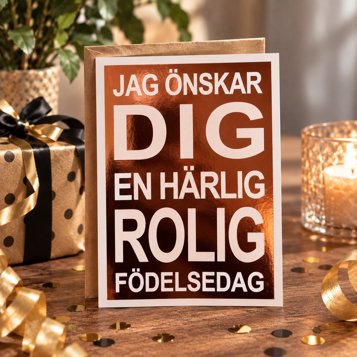 Lifestylebild av gratulationskort i varm festlig födelsedagsmiljö