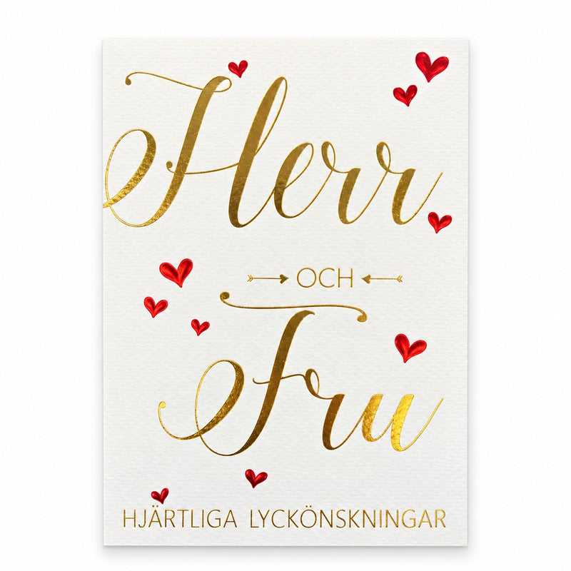 Gratulationskort Herr och Fru med guldfärgad text och röda hjärtan
