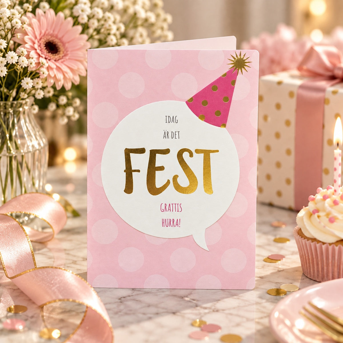 Lifestylebild med gratulationskort Idag är det fest i rosa födelsedagsmiljö