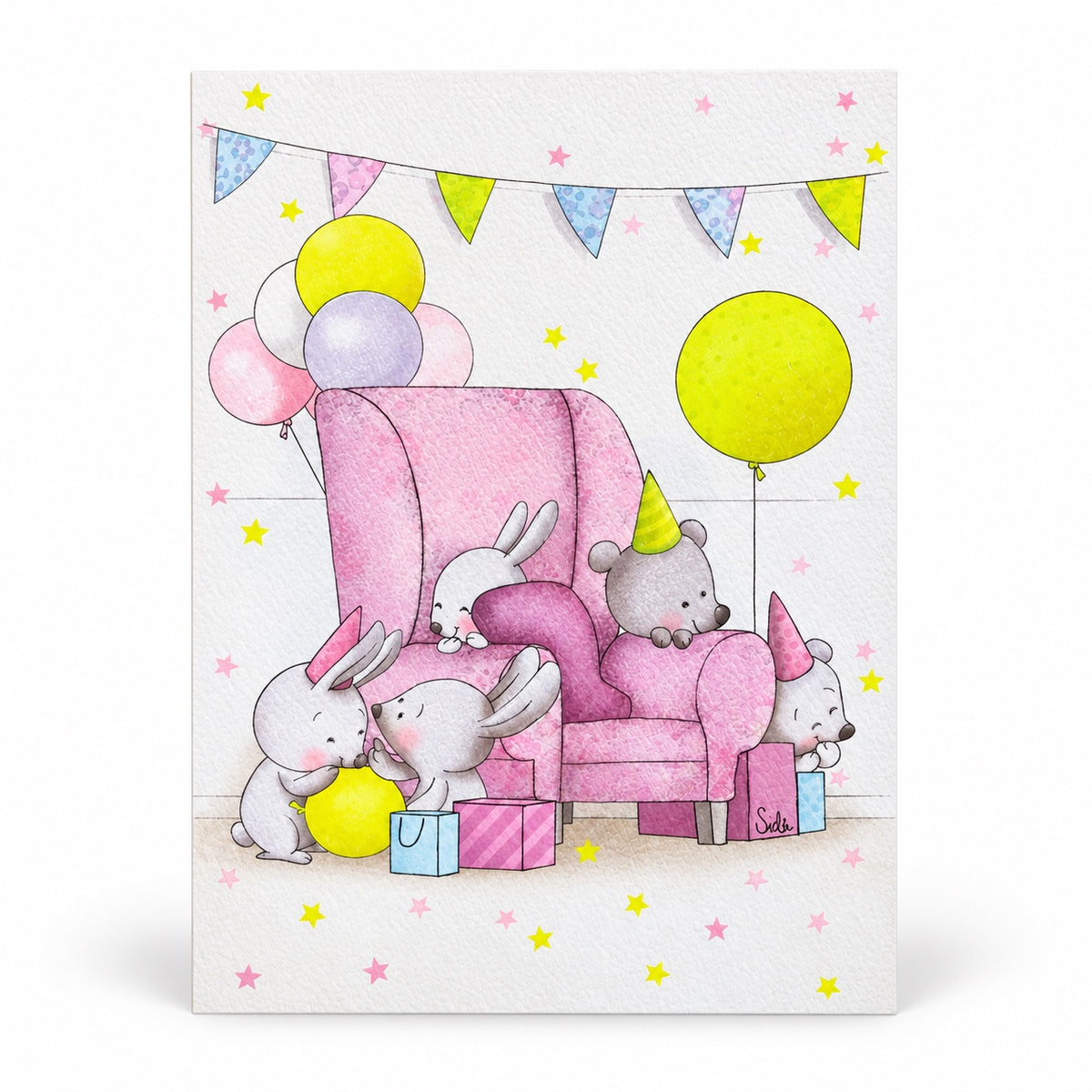 Gratulationskort med kaniner, rosa fåtölj, ballonger och presenter