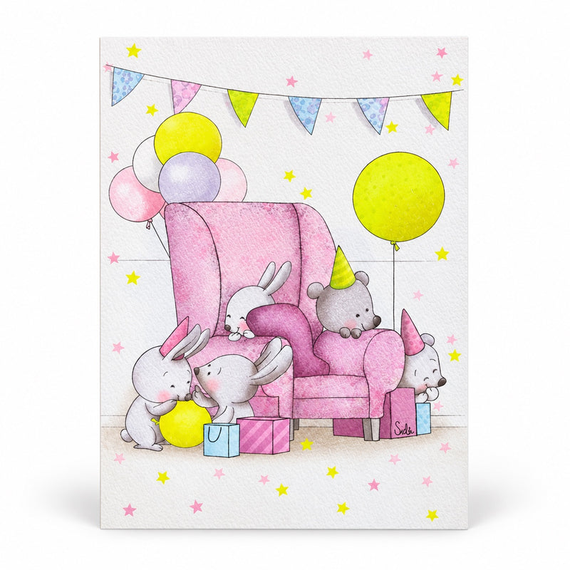 Gratulationskort med kaniner, rosa fåtölj, ballonger och presenter