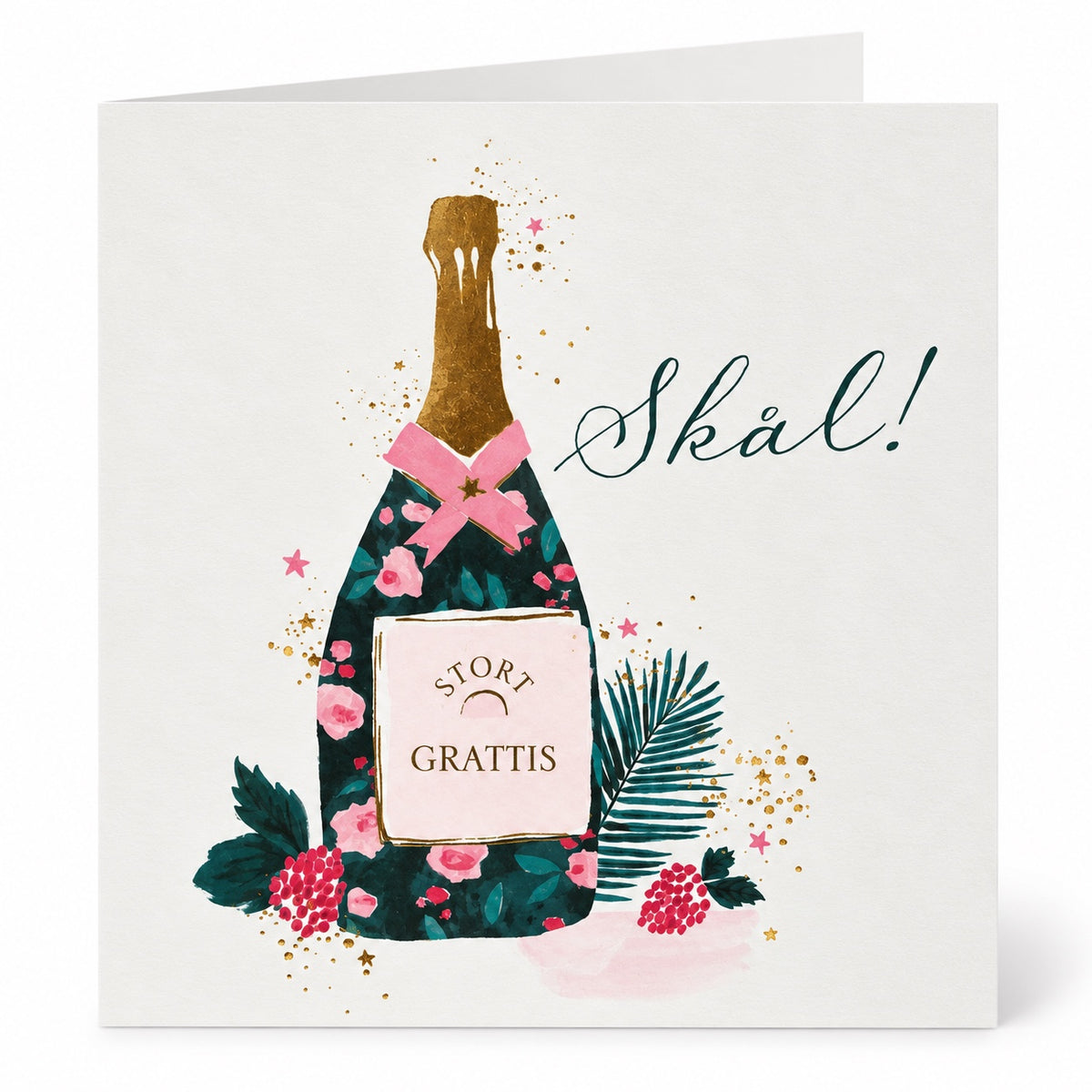 Gratulationskort med champagneflaska, texten Skål och Stort grattis – produktbild
