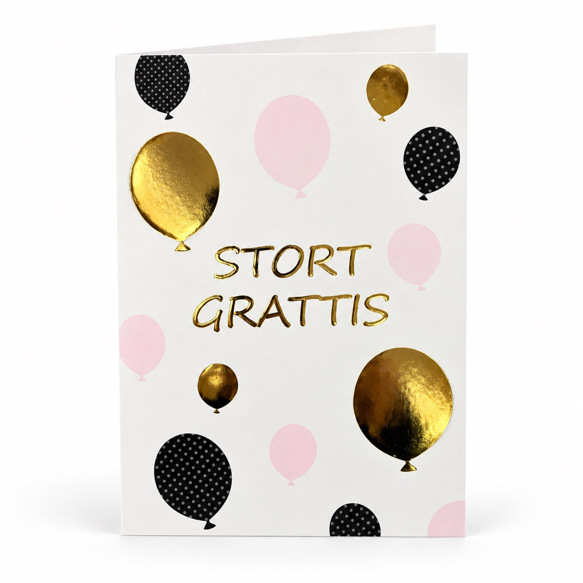 Gratulationskort Stort grattis med ballonger i guld, rosa och svart