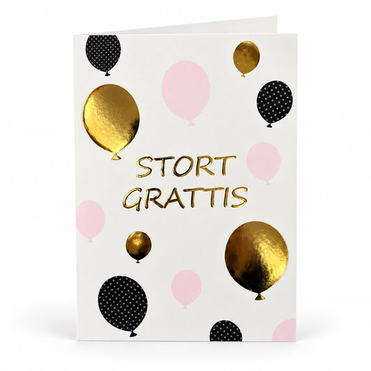 Gratulationskort Stort grattis med ballonger i guld, rosa och svart