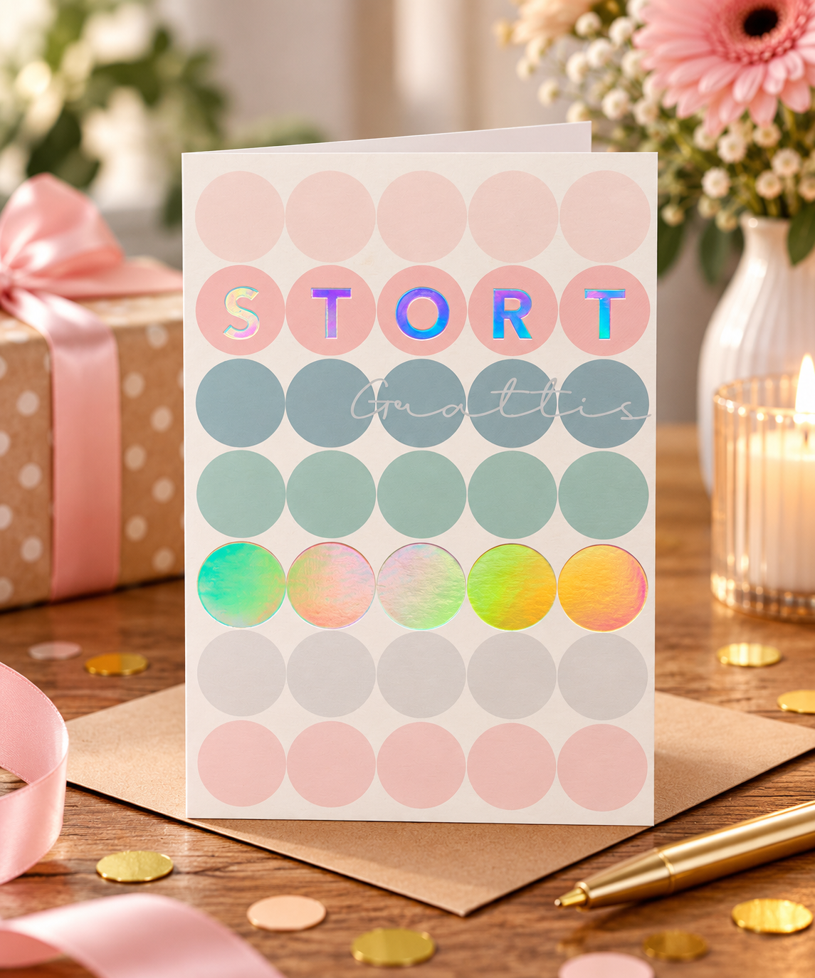 Gratulationskort Stort grattis med pastellprickar – lifestylebild