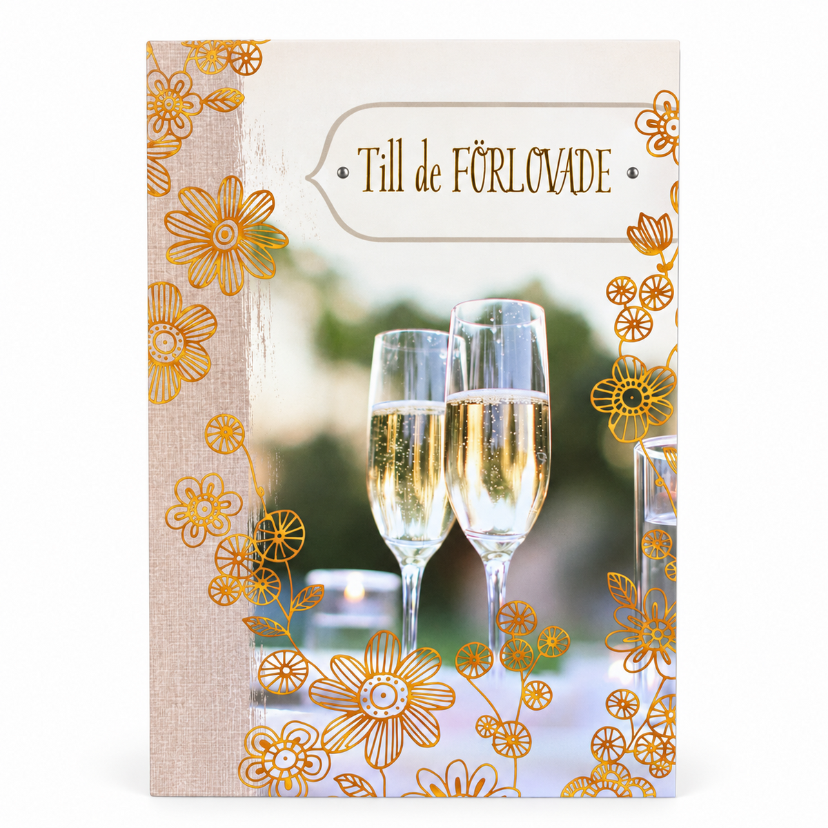 Gratulationskort Till de förlovade med champagneglas och guldfärgade blommor